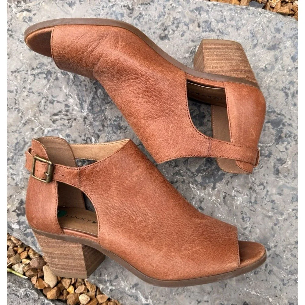 Lucky Brand Barimo Open Toe Booties Women Size 8 M Brown Leather Block Heels